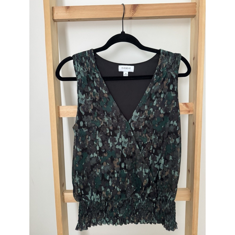 Evereve Jules‎ Mesh Ruffle Hem Smocked Waist Sleeveless Wrap Top Green Medium B2